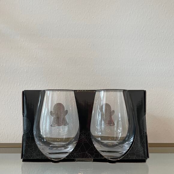 2pc Halloween GHOST Pink Crystal Rhinestone Stemless Wine Glass Set New - Picture 5 of 10